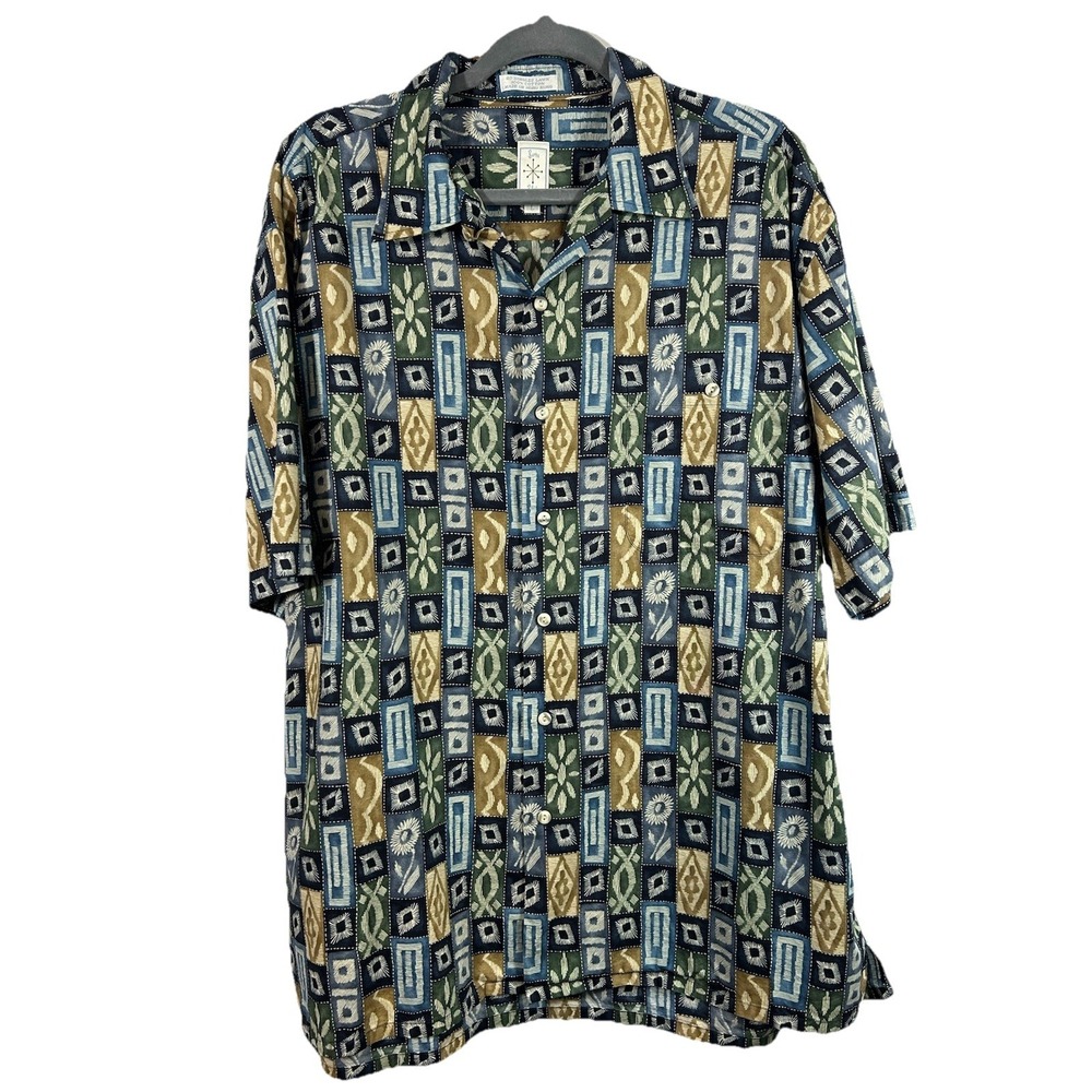 Vintage Burma Bibas Cotton Lawn Shirt L Blue Green Abstract Atomic Geometric